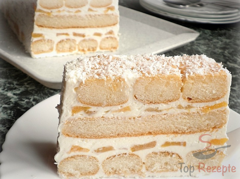 Pfirsich-Biskuit-Kuchen ohne Backen | Top-Rezepte.de